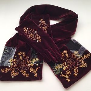Vintage burgundy wine velvet Scarf and Gloves set embroided gold roses & sequins